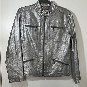 Chicos Silver Genuine Leather Moto Jacket